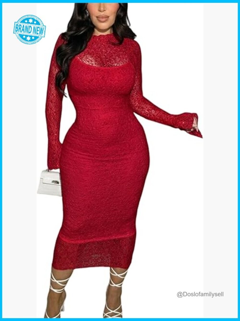 Elegant Bodycon Midi Dress Lace Sheer Mesh Long Sleeve Party Cocktail